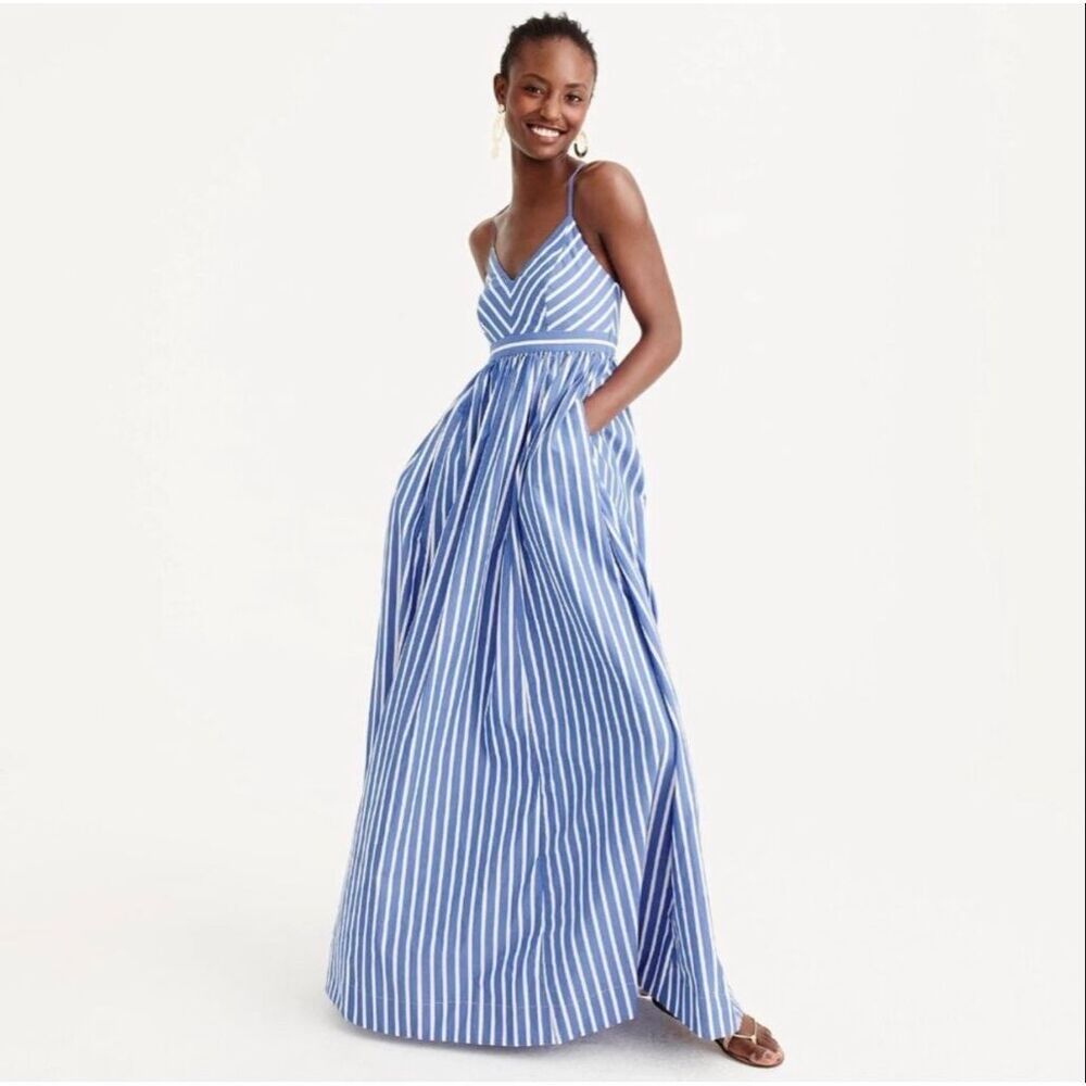 J. Crew Long Drapey Spaghetti-strap Maxi in White Blue Stripe Dress 0